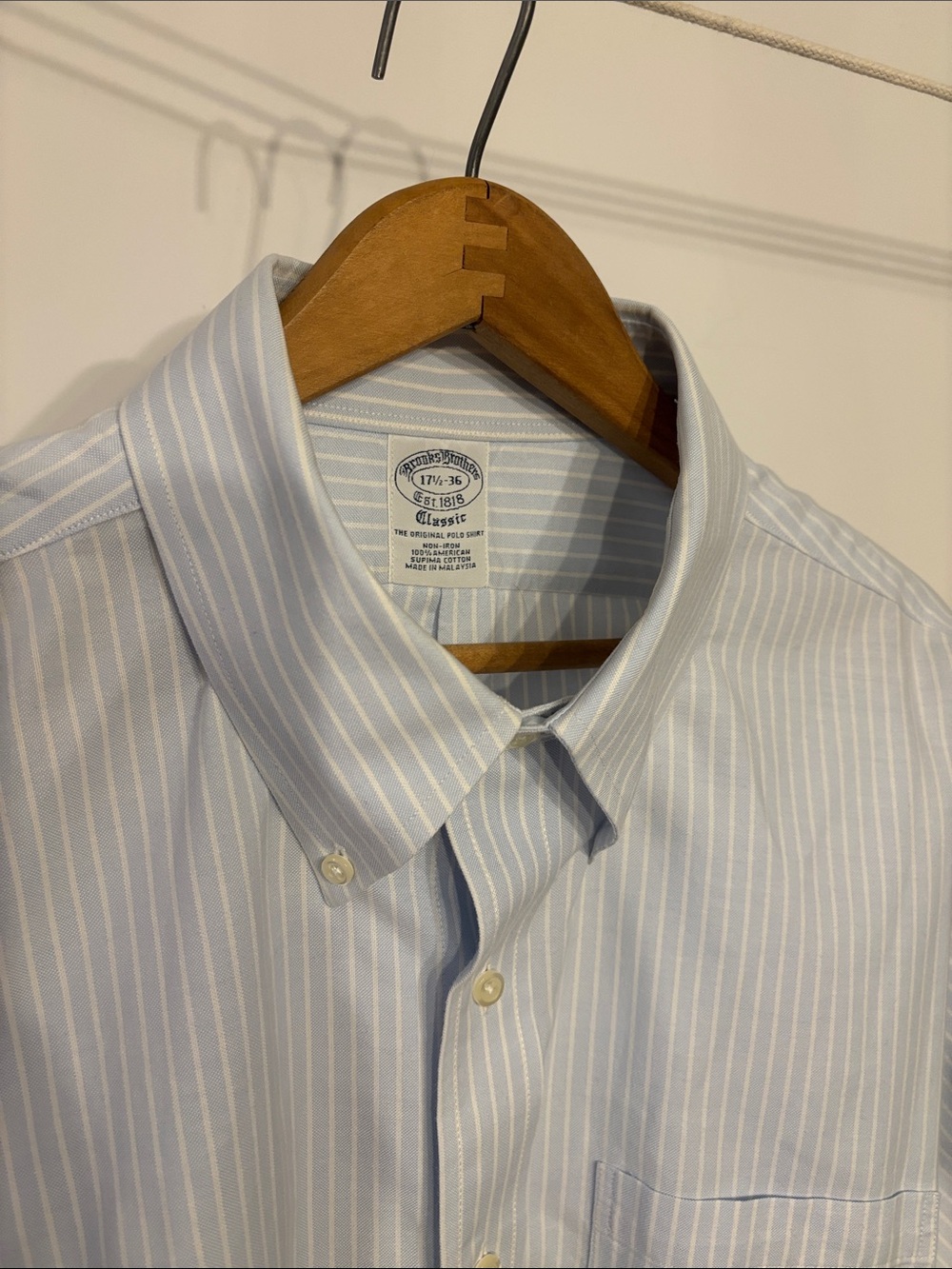 Brooks Brothers Classic Oxford Shirt — 17.5–36 — Light blue with white stripes